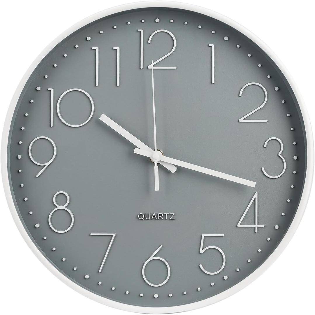 Wall Clock 10 Inch Non-Ticking Silent Modern Simple Style Round Decor Clock Gray Stereoscopic Dial Quartz Wall Clocks for Home/Office/School/Living Room/Bedroom/Kitchen