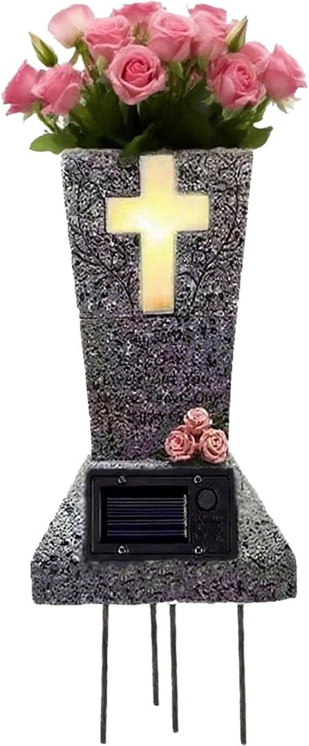 Cemetary Vase Solar Cemetery Grave Vase with LED Cemetery Vases for Grave with Spikes Decorations for Cemetery Grave Flower Holder for Loss of Loved One (Heather Gray)