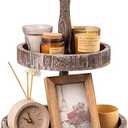 Farmhouse Two Tiered Wooden Tray Stand, UBTKEY 2 Tier Wood Round Decorative Tray with Metal Handle for Rustic Home Decor Seasonal Decorations (Rustic Brown)