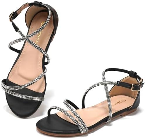 MOAILAOZI Women's Flat Sandals Ankle Strap & Rhinestone Strappy Slides With Soft Memory Foam Insole, Beach Dressy Slippers for Summer Vacation, Size 8, Black