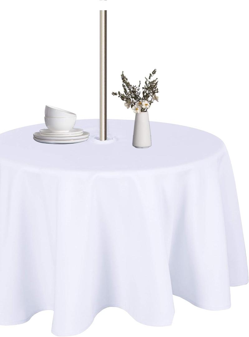 LUSHVIDA Round Outdoor Tablecloth with Umbrella Hole and Zipper for Wedding Christmas Gift, 60 Inch White for 20-48 Inch Tables, Washable Waterproof Spill Proof Table Cloth Cover for Patio Picnic