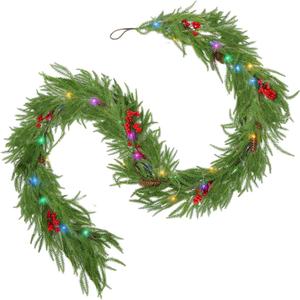 9FT Norfolk Pine Garland with Lights, Realistic Christmas Garland Prelit Real Touch Cedar for Mantle Fireplace Outdoor Indoor Decorations