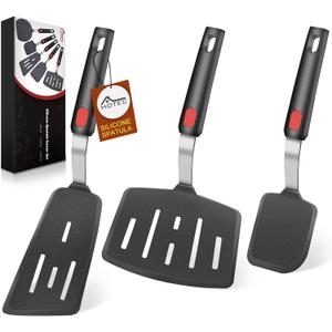 Hotec Silicone Turner for Nonstick Cookware, Heat Resistant Large Flexible Rubber Spatula Set of 3, Kitchen Utensils for Flipping Eggs, Burgers, Pancakes, Crepes (Black)