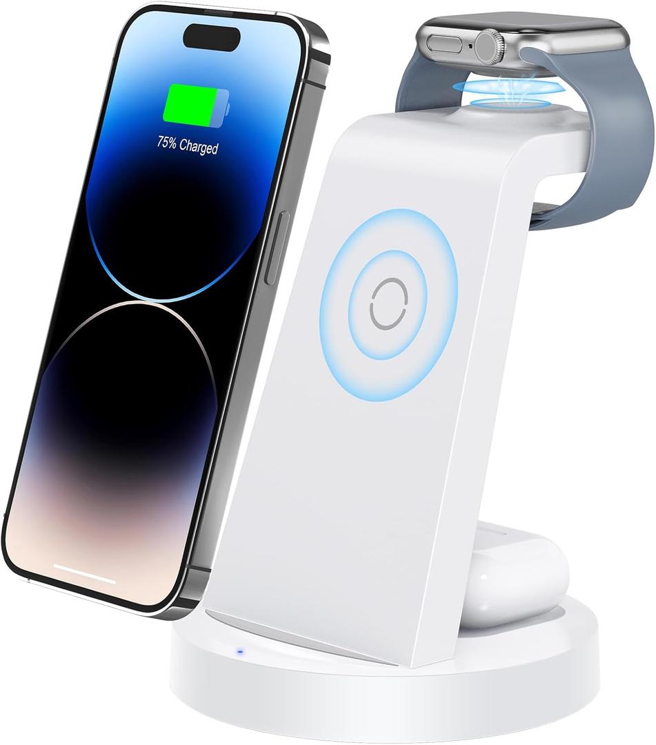 3 in 1 Charging Station for Apple Device, Wireless Charger for iPhone 16 15 14 13 12 11 Pro Max & Apple Watch iwatch- Charging Stand Dock for AirPods (White)