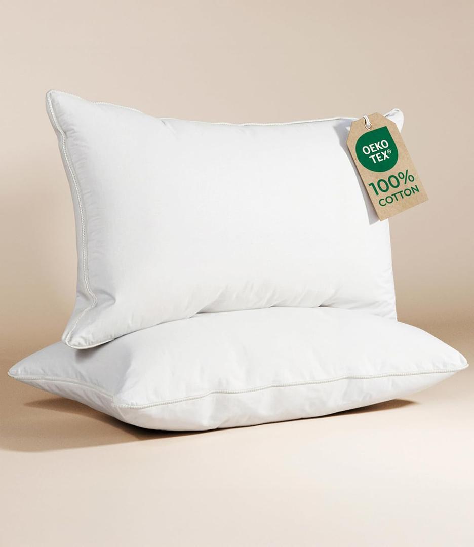 100% Cotton Bed Pillows - Queen Size Set of 2 - Super Soft, Breathable, Down Alternative Polyester for Back & Stomach Sleepers - Low Density, Low Loft Support & Machine Washable - 20" x 40" (White)