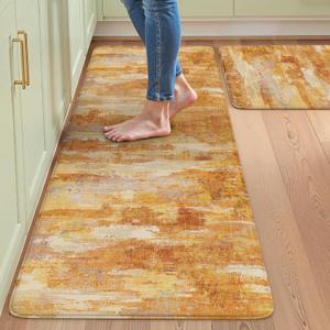 Collive Kitchen Mats Cushioned Anti Fatigue, Modern Abstract Kitchens Floor Mat Non Skid Waterproof Sink Rugs Sets of 2, Memory Foam Comfort Standing Carpet for Office, 20" x 47" + 20" x 32"-Orange