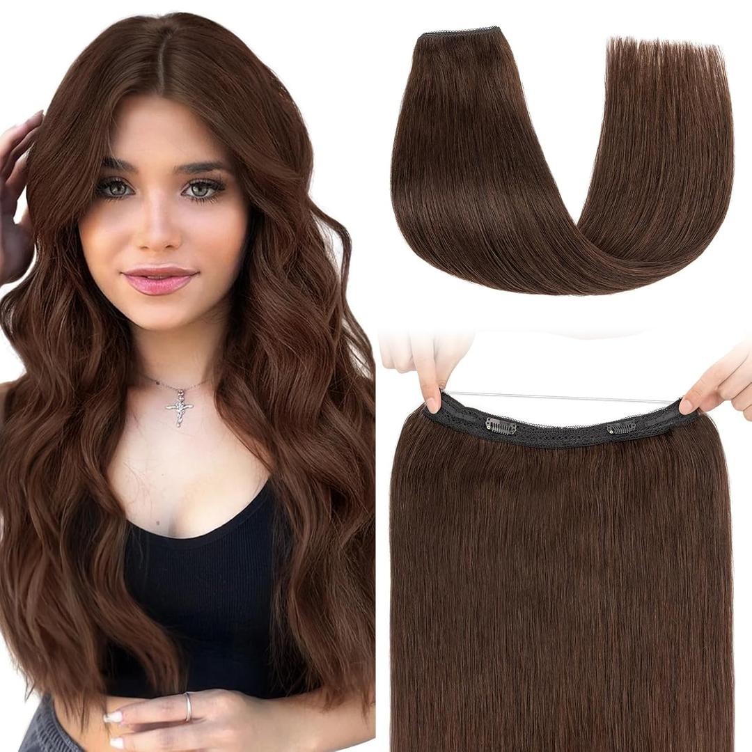 S-noilite Halo Hair Extension Invisible Wire in Real Remy Human Hair Extensions with Clips Adjustable Hidden Wire in Hair Extension for Women 16 inch Dark Brown