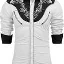 COOFANDY Men's Western Cowboy Shirt Long Sleeve Slim Fit Rose Embroidered Cotton Casual Button Down Shirts (White)