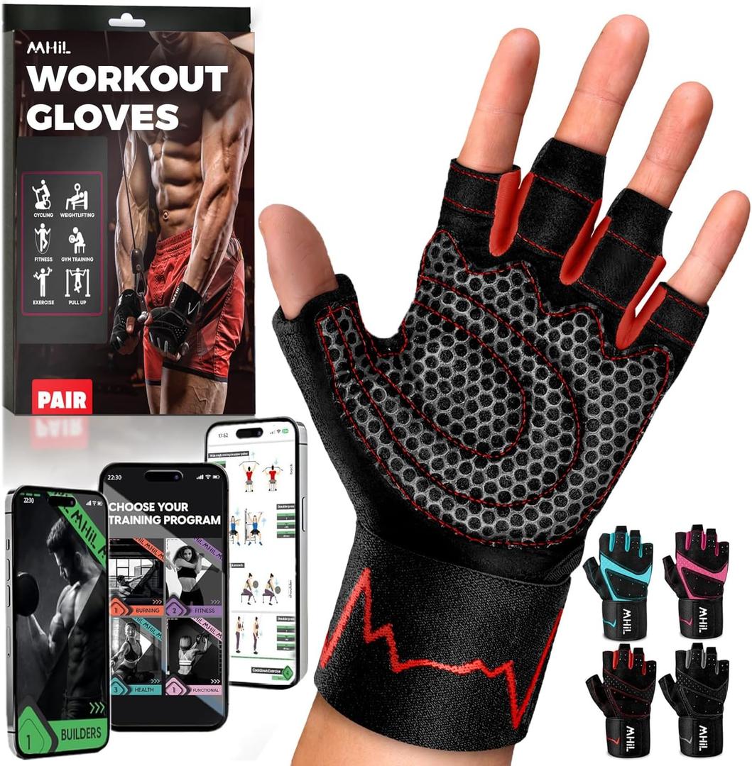 MhIL Workout Gloves for Men  Comfortable Gym Gloves for Men with Enhanced Grip for Safety and Hand Protection  Weight Lifting Protection with Wrist Wraps Support for Performance Boost and Style (Large: 8.1  8.6 / 20.6  22 cm, Red)
