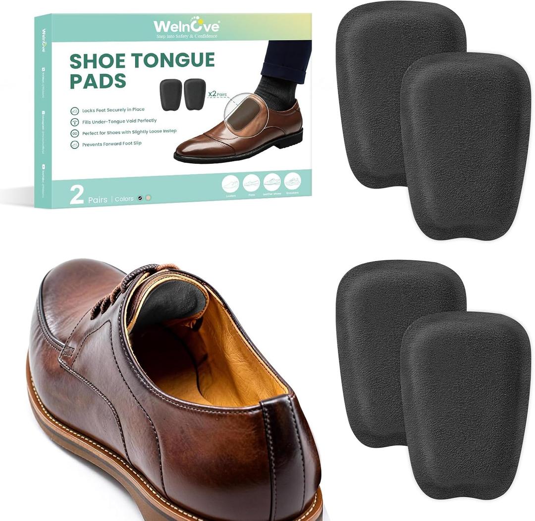 Shoe Tongue Pads for Men & Women - Welnove 1Pair Suede Memory Foam Shoe Padding Cushion Soft Self Adhesive Inserts Filler for Boots, Leather Shoes, Dress Shoes, Loafers (Black, Size L)