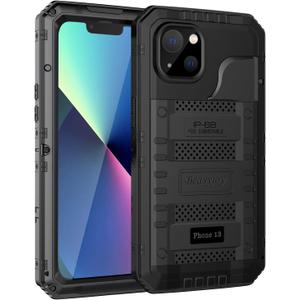 Beasyjoy for iPhone 13 Case Waterproof, Metal Phone Case with Built-in Screen Protector, Heavy Duty Full Body Protective Military Grade Shockproof Rugged Defender Cover 6.1 Inch, Black