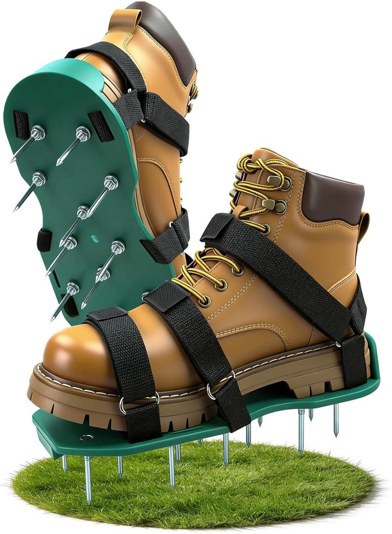 Lawn Aerator Shoes for Lawn, Soil Yard Aerator Tool with Hook & Loop Straps for Effectively Aerating, One Size Fits All Free-Installation Lawn Shoes for Yard Garden Patio Grass (Green)