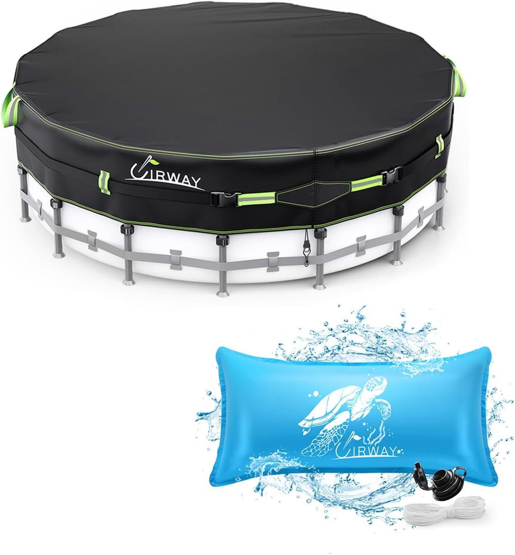 UIRWAY 21ft 500D Pool Cover & 4x8ft Pool Pillows for Above Ground Pool Winterizing Kit, Tie Rope, Nails, Air Pillow for Swimming Inground Pool Ice Freeze Protection