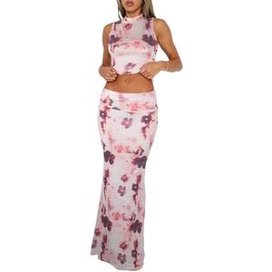 Skirt Sets Women 2 Piece Outfits - Sexy Two Pc Sleeveless Tank Crop Top Fold Over Maxi Long Skirts Size Xs