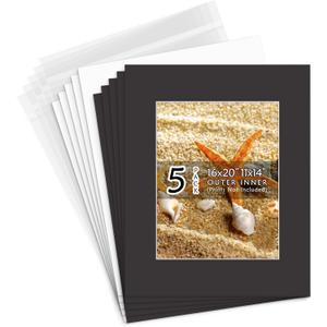 Golden State Art, Acid Free, Pack of 5, 16x20 Black Picture Mats Mattes with White Core Bevel Cut for 11x14 Photo + Backing + Bags