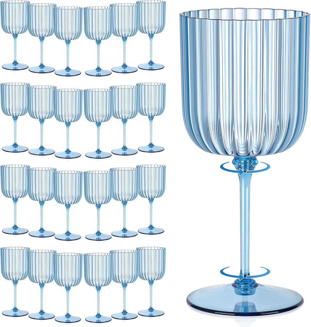 24 PCS Plastic Ribbed Wine Glasses 11oz Blue Detachable Wine Goblet Unbreakable Vintage Ripple Water Goblets Cocktail Drinking Cups for Parties Weddings Poolside Outdoors
