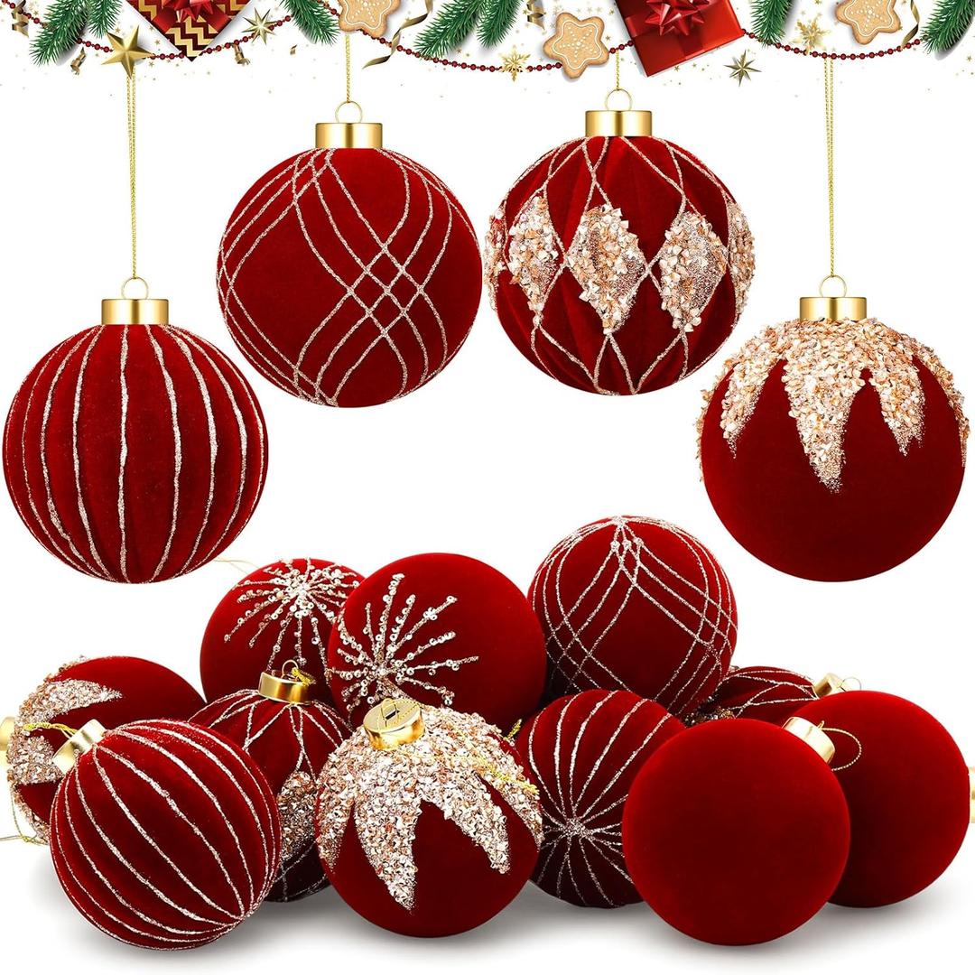 Liliful 12 Pcs 4 Inch Large Velvet Christmas Balls Ornaments Set Flocked Tree Balls Luxury Velvet Christmas Hanging Ornaments for Xmas Tree Party Wedding Home Decor(Red)