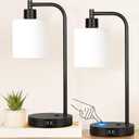 Set of 2 Industrial Touch Control Table Lamps with 2 USB Ports and AC Outlet - 3-Way Dimmable Black Bedside Lamp Nightstand Desk Lamps for Bedroom Living Room, Opal Glass Shade & 2 LED Bulbs Included