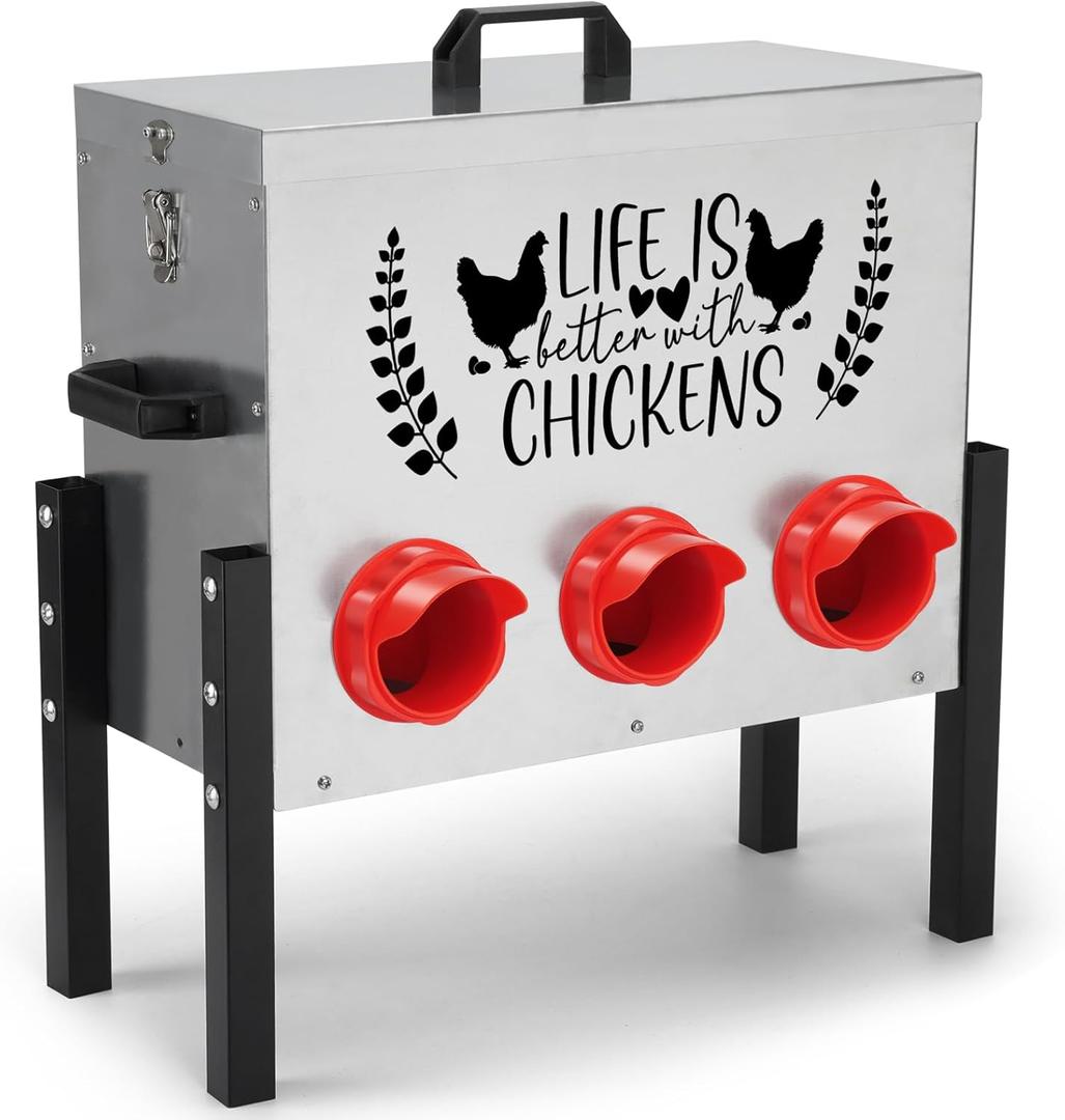 Chicken Feeder Box 30 lbs Galvanized Metal, 6 Feeding Ports, Comes with Metal Feeder Box Stands for Chickens, Ducks, Geese