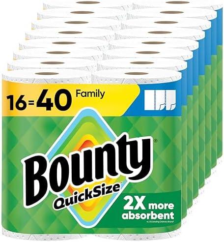 Bounty Paper Towels Quick Size, White, 16 Family Rolls = 40 Regular Rolls