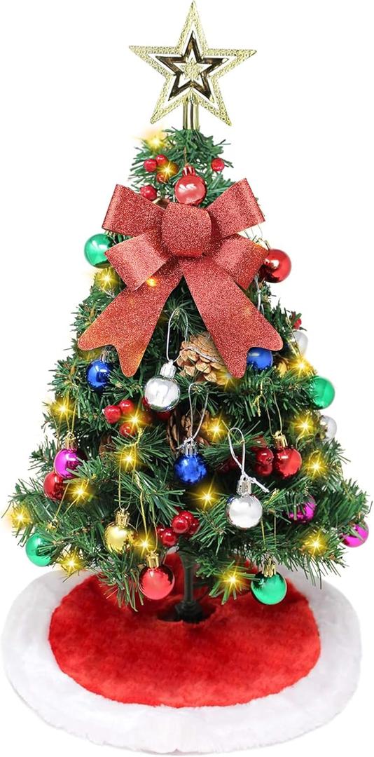 Joiedomi 24"/2FT Christmas Tree Prelit Tabletop Decoration with Tree Skirt, Bow and Kits, 50-Count Lights pre-Lighted Artificial Mini Christmas Tree Decoration for Indoor Xmas Tabletop Decor
