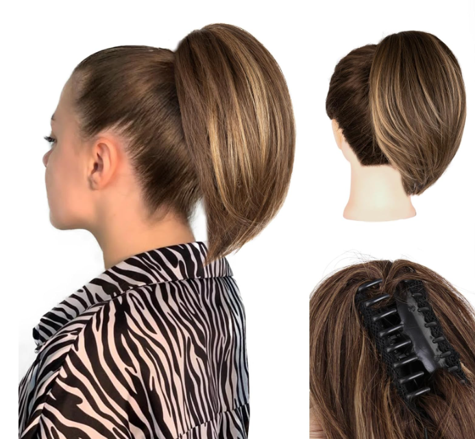 10 Inch Ponytail Extension  Straight Pony Tails Hair Extensions, Claw Clip Ponytail Extension, Synthetic Hair Extensions Ponytail, Clip in Ponytail (Color: Chestnut Brown With Golden Highlights)