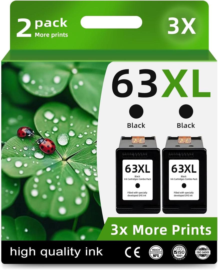 63XL Ink Cartridges Replacement for HP Ink 63 XL (2 Black) Fit for HP63 3830 5255 5258 4650 Envy 4520 4512 Deskjet 3632 1112 3637 3630 Printers BK