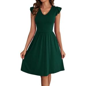 HELYO Women's Summer Dresses Cute V Neck Ruffle Sleeve Cocktail Short Work Casual Dress with Pockets 648, M, Green