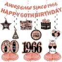 Kuxriox 11Pcs 60th Birthday Decorations Kit for Women, Rose Gold Happy 60th Birthday Banner, Awesome Since 1966 Centerpieces Swirls Party Supplies, Sixty Bday Banner Ceiling Table Topper Sign