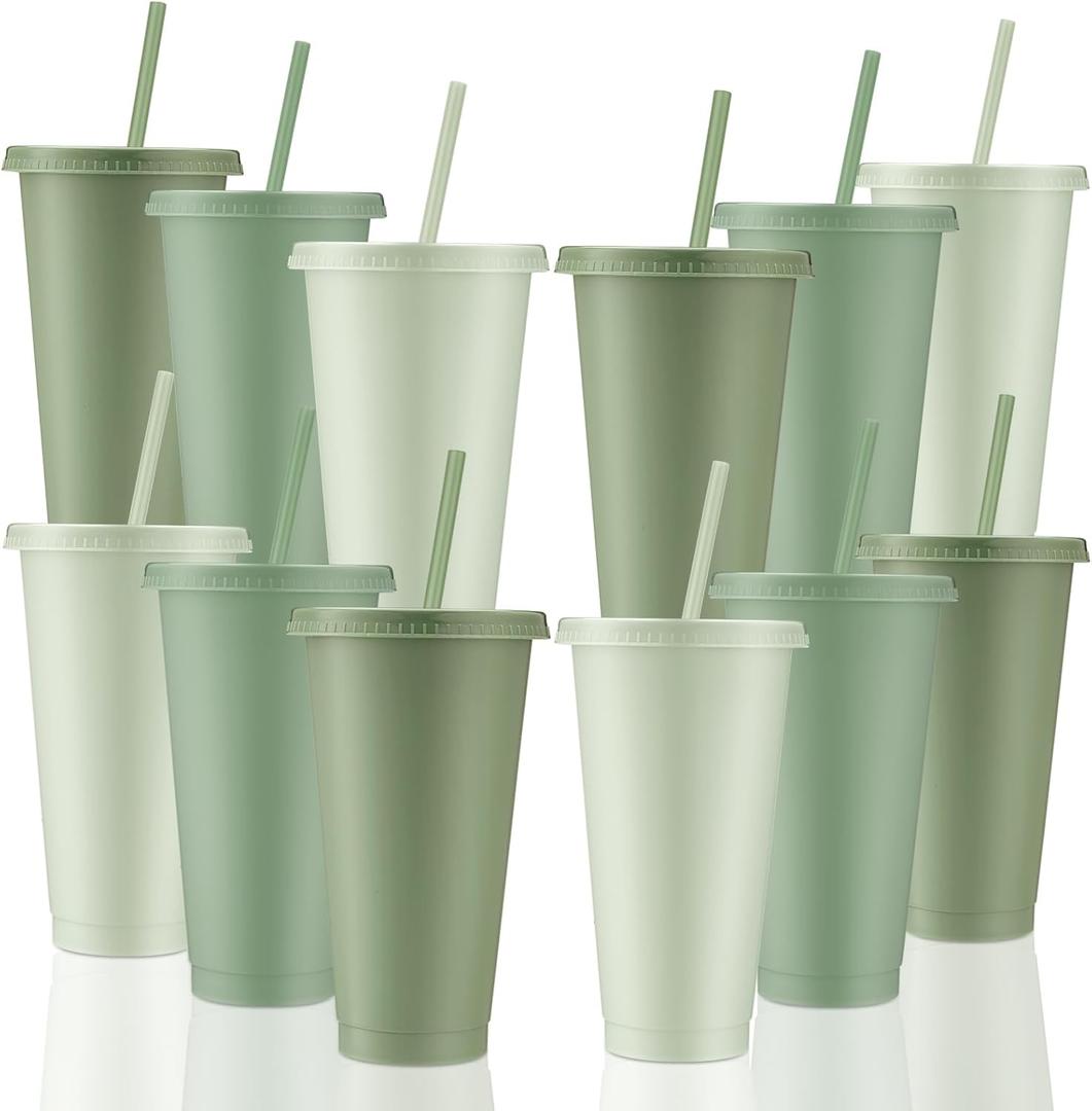 Skylety 12 Pcs Sage Green Plastic Cups with Lids and Straws 24 oz Reusable Tumbler Large Travel Mug Cup Coffee Beverage Drinks Party Supplies for Wedding Bridal Baby Shower Birthday