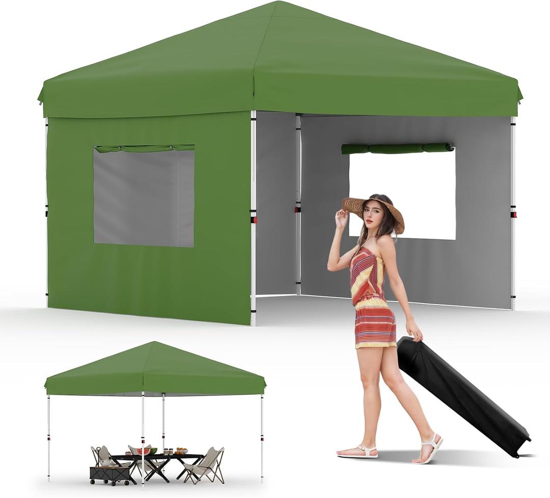 10x10 Pop Up Canopy Tent Outdoor Canopy with 3 Removable Sidewalls One-Person Set Up Heavy Duty Commercial Instant Tent Shelter-Green