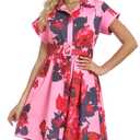 Rseoutlh Women's Button Down Shirt Dress Floral Printed V-Neck Turn Down Short Sleeve Mini Casual Trench Coat Formal Red