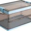 Collapsible Storage Container with Lid and Latches, Clear Stackable Plastic Tote Bin with Handles for Clothes, Sweater, Blanket (Blue, 7 Gal)