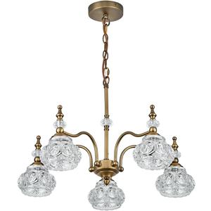 Vintage 5 Lights Gold Glass Pendant Lighting Rustic Style Chandelier Matte Brushed Antique Brass Finish with Crystal Glass Shade for Kitchen Island