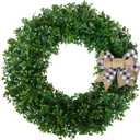 24 Inch Spring Green Wreath Artificial Boxwood Wreath with Burlap Bow - Farmhouse Front Door Wreaths for Year-Round Indoor/Outdoor Window Fireplace Decor Wedding Party Festive Decor