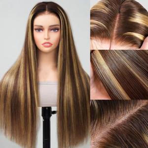 Highlight Ombre Lace Front Wig Human Hair 200% Density Blonde Highlight Wig Human Hair 7x5 Ombre Straigth 4/27 Honey Blonde Wig 26 Inch Brown Highlighted Wig Pre Plucked with Baby Hair for Women