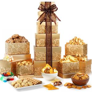 Broadway Basketeers Festive Gift Basket Tower  Gourmet Food Gifts with Chocolates, Cookies, Snacks & Treats - Christmas Gift Tower for Celebration, Birthday, Corporate & Thank You Occasions
