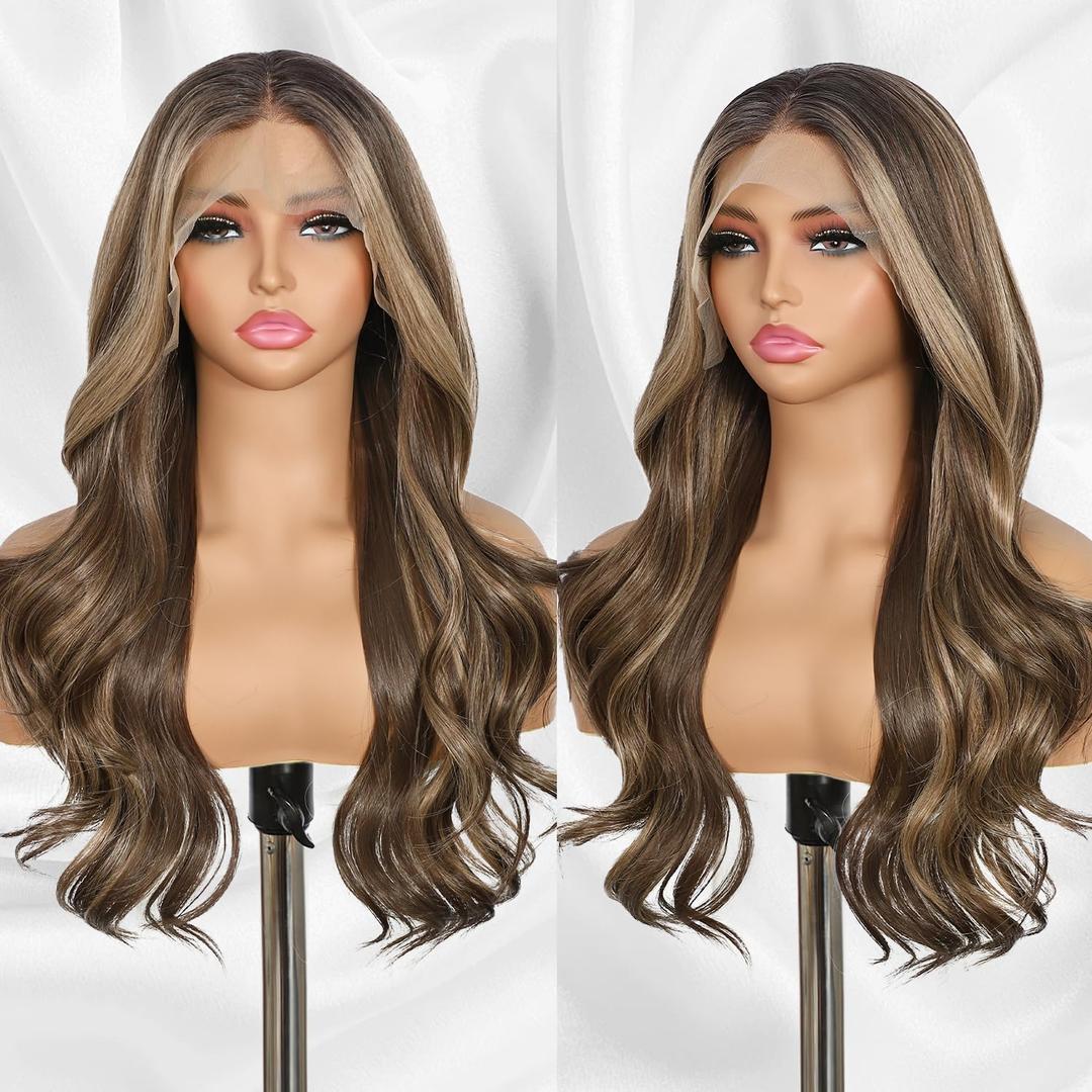 Brown mix Blonde Synthetic Lace Front Wig 13x4 Pre Plucked Highlight Body Wave Lace Front Wigs for Women Heat Resistant Hair 22 Inch Daily Use