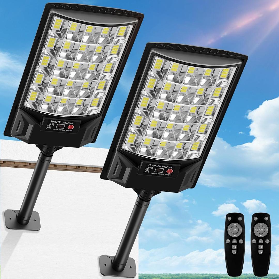 Solar Street Lights Outdoor, 6500K Outside Waterproof LED Street Light Dusk to Dawn, Wide Angle Lamp with Motion Sensor and Remote Control, Solar Lights Outdoor for Parking Lot Yard, 2 Pack (White)