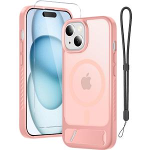 for iPhone 15 Case & iPhone 14 Case with Screen Protector+Lanyard Wrist Strap,Magnetic Translucent Matte Rugged Slim Phone Cover Built in Invisible Kickstand [Fit for MagSafe],Cute Pink