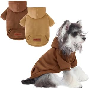 2 Pack Dog Hoodie Warm Hood Dog Sweater Cold Weather Small Dogs Sweatshirt Comfort Pet Clothes for Small Medium Dogs with Pockets (Coffee+Khaki, M (Back: 11.4",Chest: 16.9", 5.8-8.8 lbs))