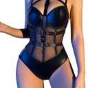 Lilosy Sexy Crisscross Choker Leather Pu Underwire Babydoll Women Harness Teddy Bodysuit Nightshirt One Piece,M