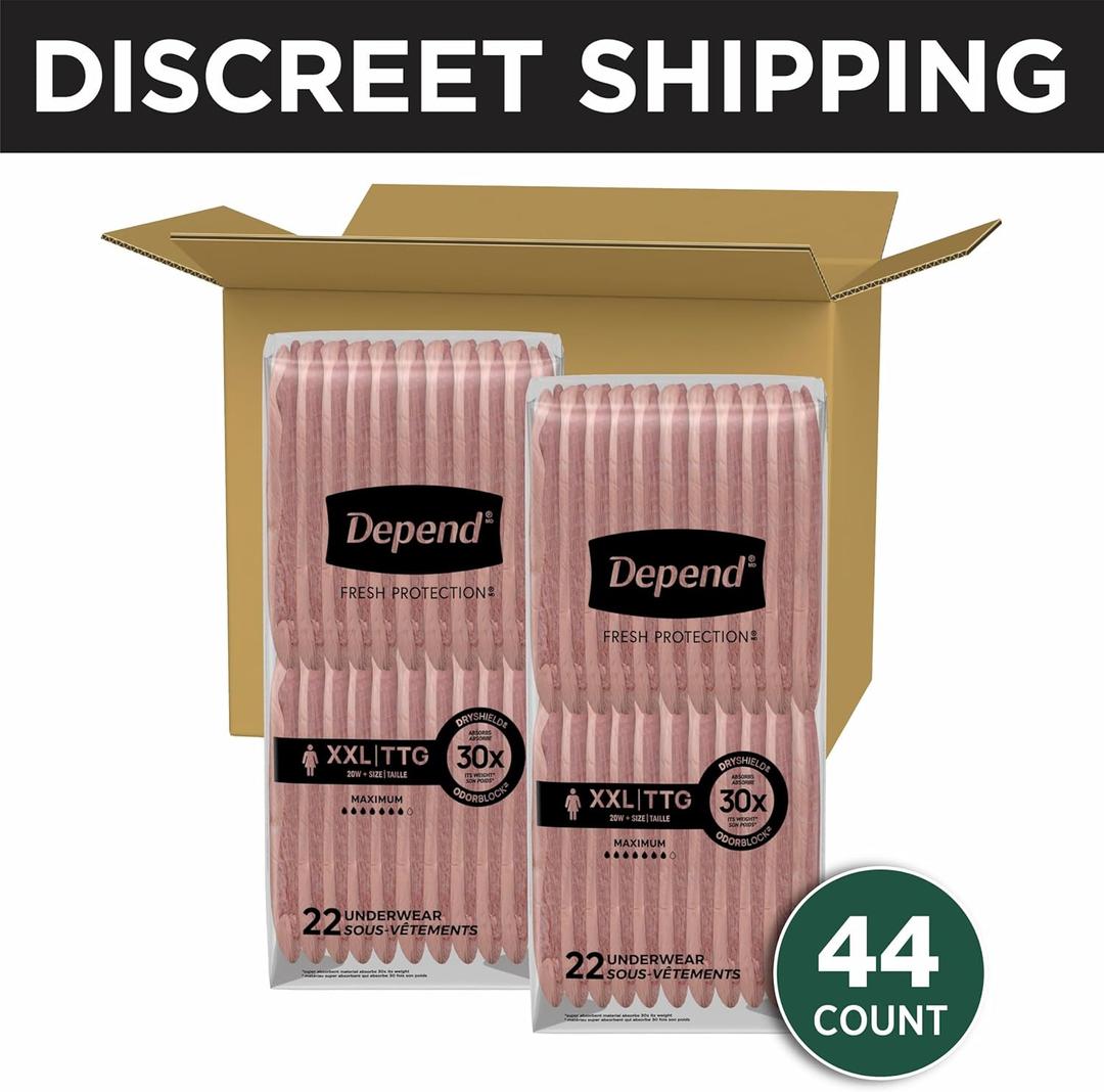 Depend Fresh Protection Adult Diapers, Incontinence & Postpartum Bladder Leak Underwear for Women, Disposable, Maximum, Extra Extra Large, Blush, 44 Count (2 Packs of 22)