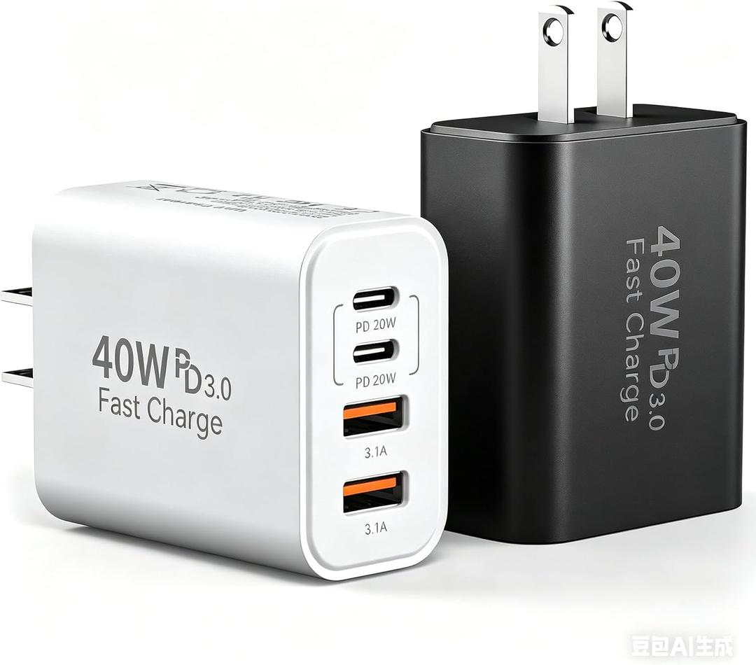 USB C Charger Block, 2-Pack 40W 4-Port Multiple Type C Fast Charging Phone Charger Brick +QC 3.0 USB A Wall Plug Out let Multiport Box Cube for Phone 15/14/13/12/11 Pro Max, Galaxy, Pixel, Black+White