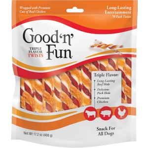 Good n Fun Triple Flavor Twists for All Dogs, 70 Count, Treat Your Dog to Long-Lasting Chews Made with Beef Hide, Pork Hide and Chicken
