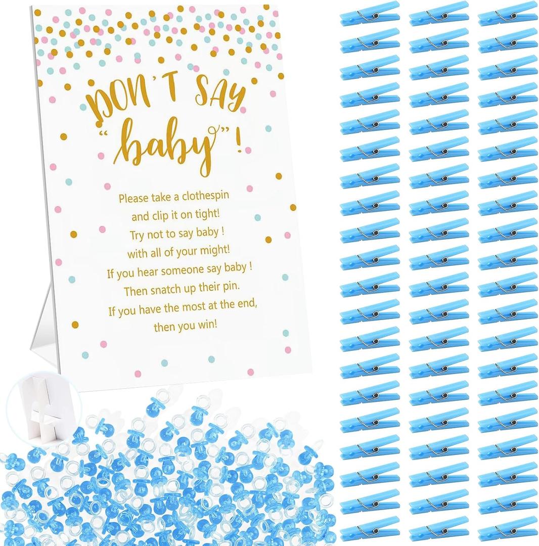 Don't Say Baby Shower Clothespin Game Boy Includes 8x11'' Standing Sign, 60 Mini Blue Clothes Pin, 60 Mini Pacifiers