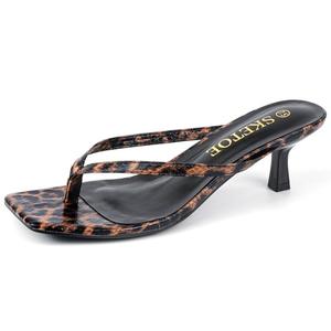 SKETOE Kitten Heels for Women Square Toe Sandals Flip Flop Heels Thong Sandals Comfortable Summer 2 Inch Heels Sandals Leopard Print 8