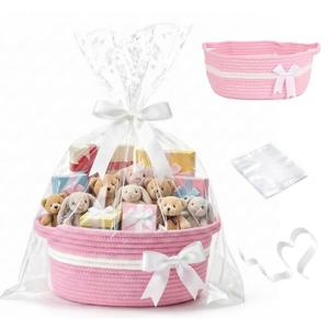 Woven Pink Basket for Gifts & Pink Gift Basket - Pink Baby Girl Baskets with Gift Bags and Ribbons for Valentines Day, Pink Bow Basket for Baby Shower, Nursery Toys Organizing, 16.6 x 8.5 x 5.5''