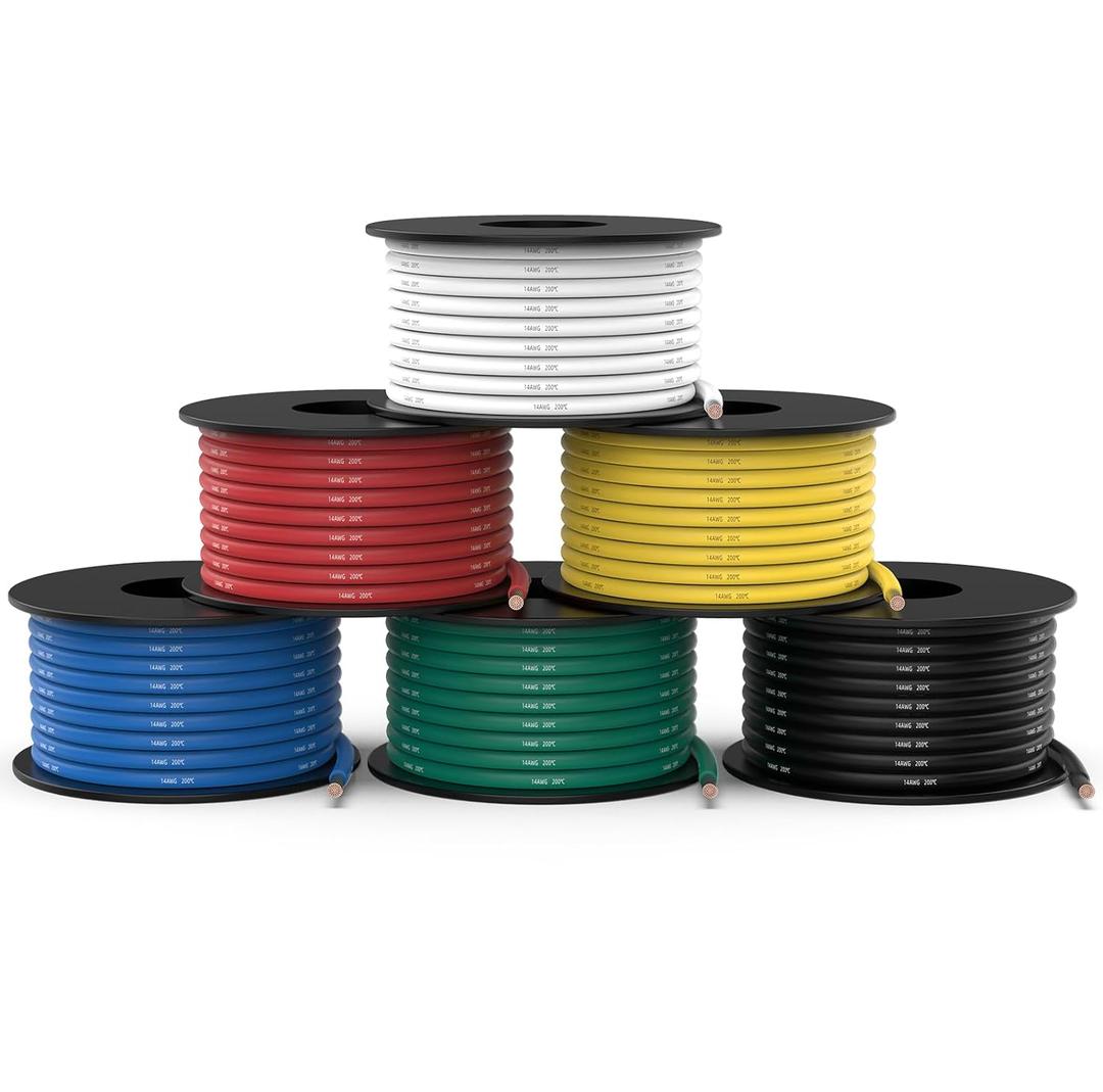 NAOEVO 14 Gauge Wire 300 ft, 14 AWG Wire 6 Colors 50ft Each Spool, Flexible Silicone Tinned Copper Electrical Cable, Wiring kit for Breadboard/Automotive/DIY/Battery, 200