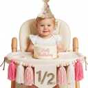 1/2 Birthday Girl Half Birthday Decorations High Chair Banner & Cone Hat Pink Tassel Wood Bead Garland Half Way To One Girl Decorations Cake Smash Photo Props For Six Months